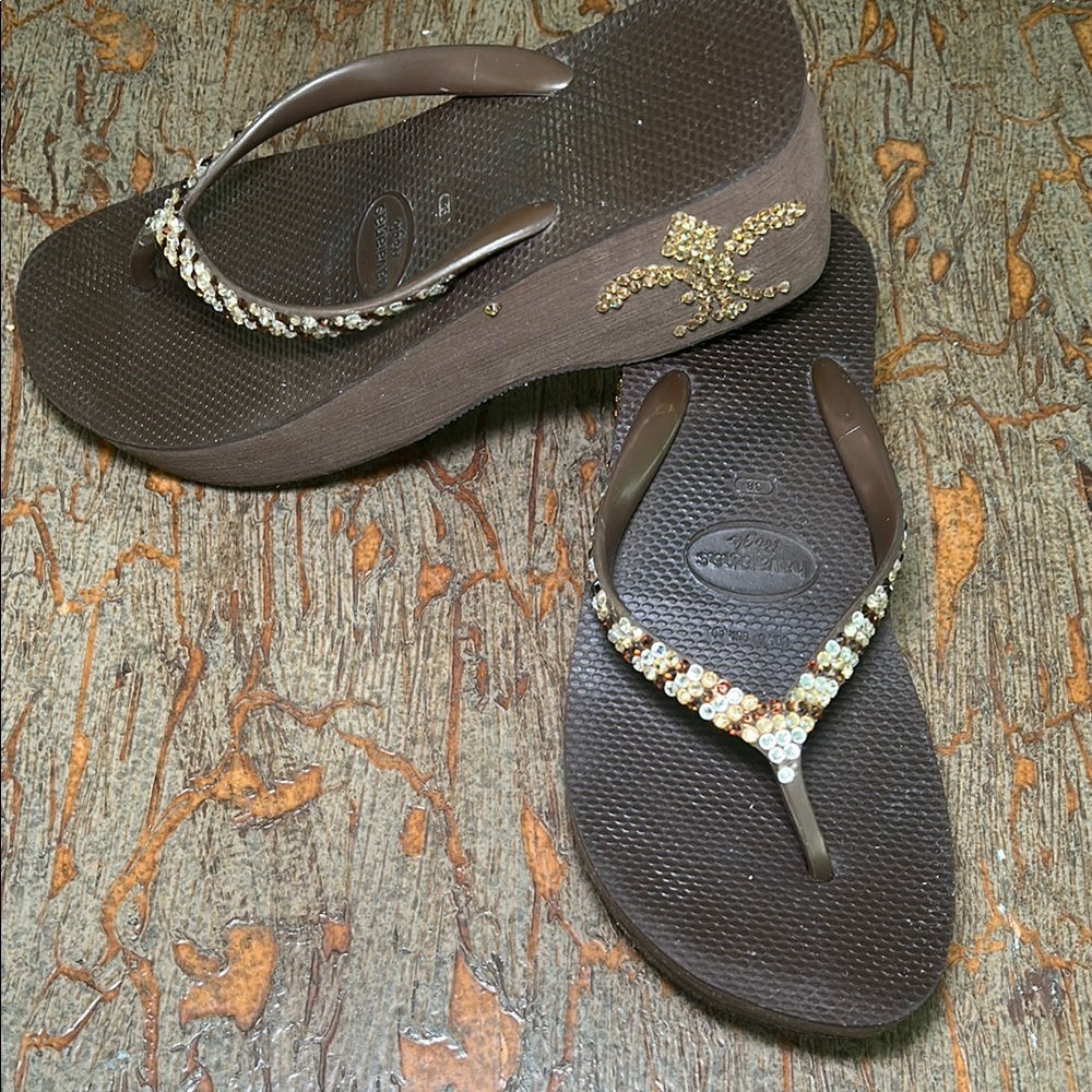 Brown Havaianas Flip Flops with Gold Accents